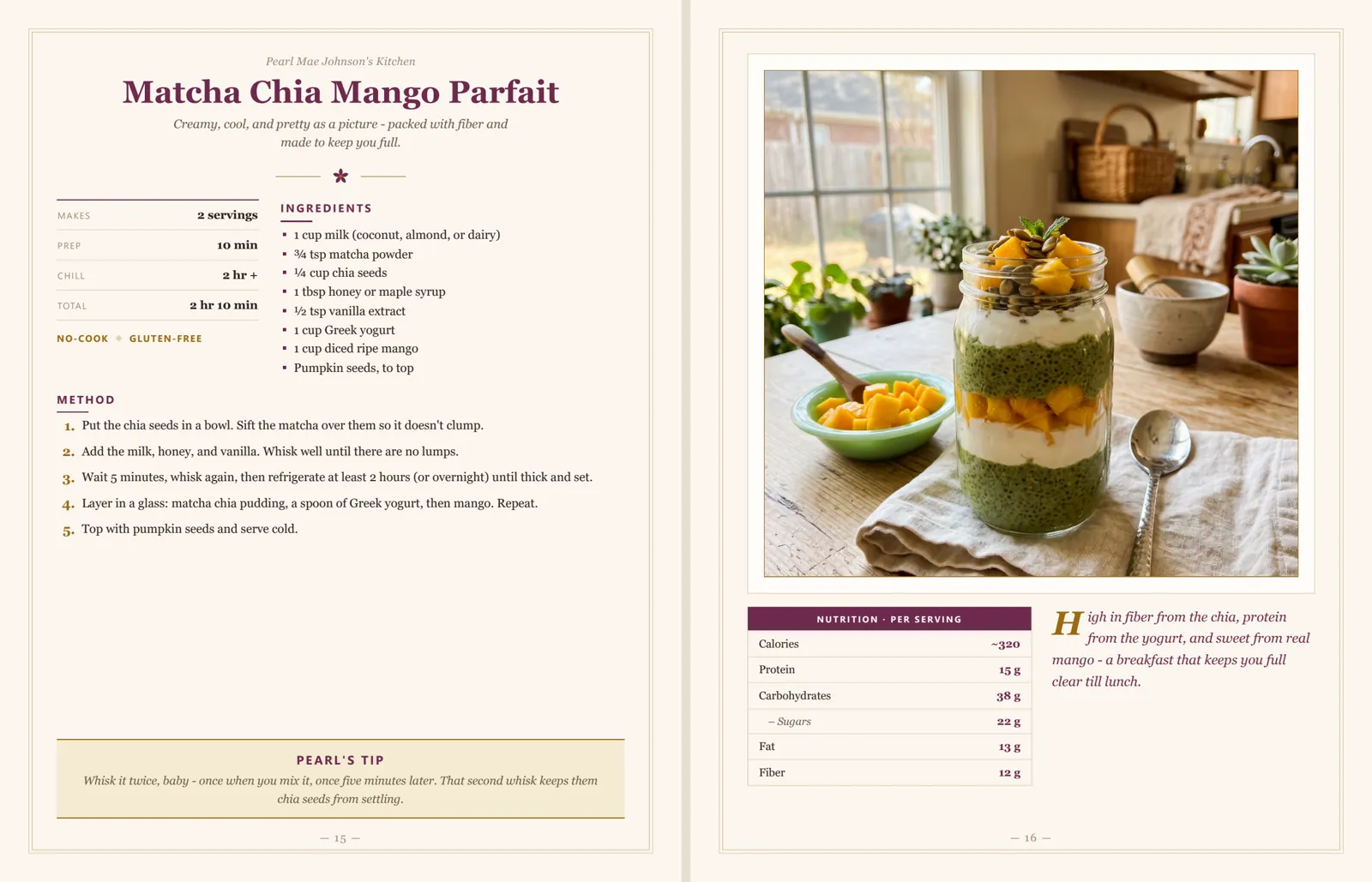 Matcha chia parfait recipe spread